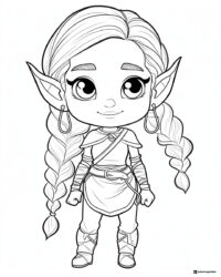 Elf girl coloring page with braids and hoop earrings