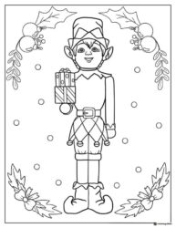 Elf with Presents Coloring Page and Holly Border