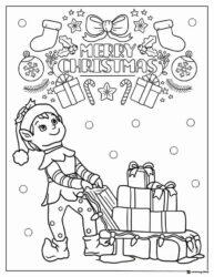 Elf with Sleigh of Gifts and Merry Christmas Coloring Page
