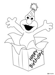 Elmo Coloring Page bursting from a Happy Birthday box