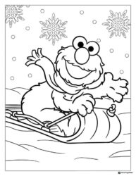 Elmo Coloring Page sledding in snow with snowflakes