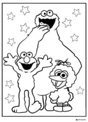 Elmo Cookie Monster Big Bird coloring page with stars