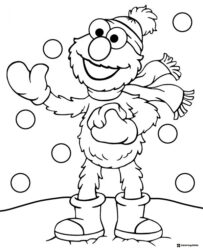 Elmo Winter Coloring Page with hat scarf and mittens