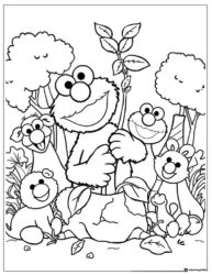 Elmo and forest animal friends coloring page