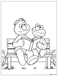 Elmo and friend reading on a bench coloring page