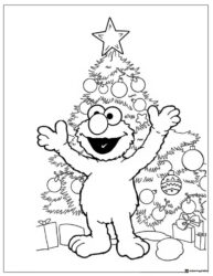 Elmo by a Christmas tree coloring page
