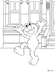 Elmo dancing in front of a building coloring page