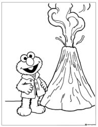 Elmo in jacket by a volcano coloring page