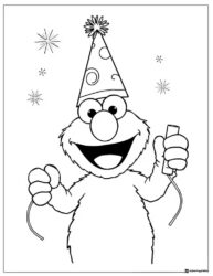 Elmo in party hat with noisemakers coloring page