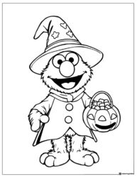 Elmo in witch costume with pumpkin pail
