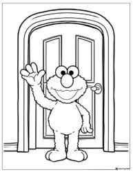 Elmo waving at a door coloring page