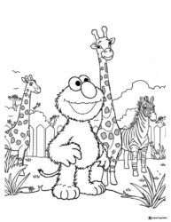 Elmo with giraffes and a zebra coloring page
