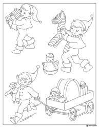 Elves Coloring Sheet Playing with Christmas Toys