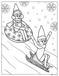 Elves Sledding and Tubing Coloring Page with Snowflakes