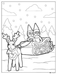 Elves in Sleigh Pulled by Reindeer Coloring Page