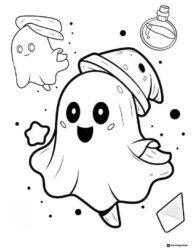 Flying ghosts with witch hats and potion bottle coloring page