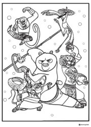 Furious Five and Po in fighting poses coloring page