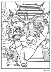 Furious Five and Po in temple background coloring page