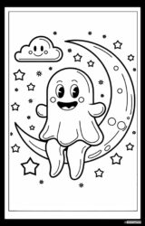 Ghost Coloring Page Sitting on Moon with Stars and Cloud
