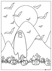 Ghost Coloring Page in Graveyard with Pumpkins Moon and Bats