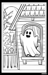 Ghost Coloring Page in Window of Haunted House