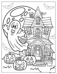 Ghost Coloring Page in front of Haunted House and Moon