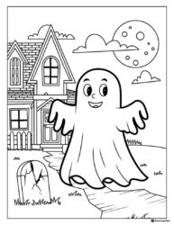 Ghost Coloring Page in front of House and Gravestone