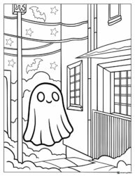 Ghost Coloring Page next to Building with Bats and Stars