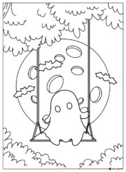 Ghost Coloring Page on Swing with Moon and Bats
