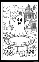 Ghost Coloring Page on Trampoline with Pumpkins and House