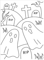 Ghost Coloring Page with Gravestones and RIP markers