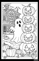 Ghost Coloring Page with Haunted House and Stacked Pumpkins