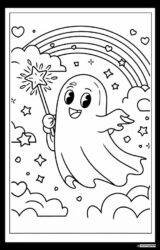 Ghost Coloring Page with Magic Wand and Rainbow