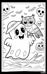 Ghost Coloring Page with Owl and Skulls