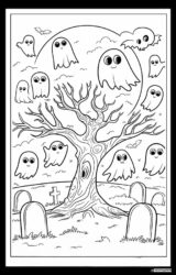 Ghost Coloring Page with Tree and Gravestones