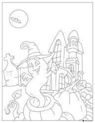 Ghost Coloring Page with Witch Hat House and Pumpkins