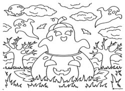 Ghost Emerging from Pumpkin Coloring Page with Trees