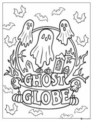 Ghost Globe Coloring Page with Skulls and Bats