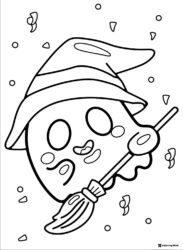 Ghost Wearing Witch Hat Riding Broom Coloring Page