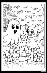 Ghost and Bat Coloring Page with Candy Corn