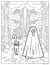 Ghost and black cat in forest coloring page