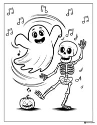 Ghost and skeleton dancing with music notes coloring page