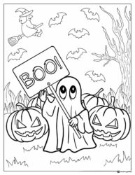 Ghost holding BOO sign with pumpkins coloring page