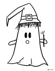 Ghost in Witch Hat with Wand Coloring Page