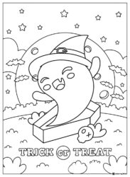 Ghost in witch hat popping out of coffin coloring page