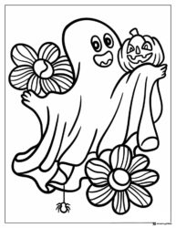 Ghost with pumpkins and flowers coloring page