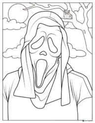 Ghostface Coloring Page with Owl on Branch and Moon