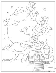 Ghostly Trio Coloring Page Flying Over Haunted House