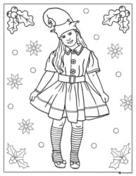 Girl in Elf Costume Coloring Page with Holly and Snowflakes