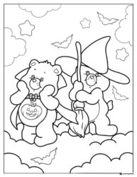 Halloween Care Bears Coloring Page with witch and bats